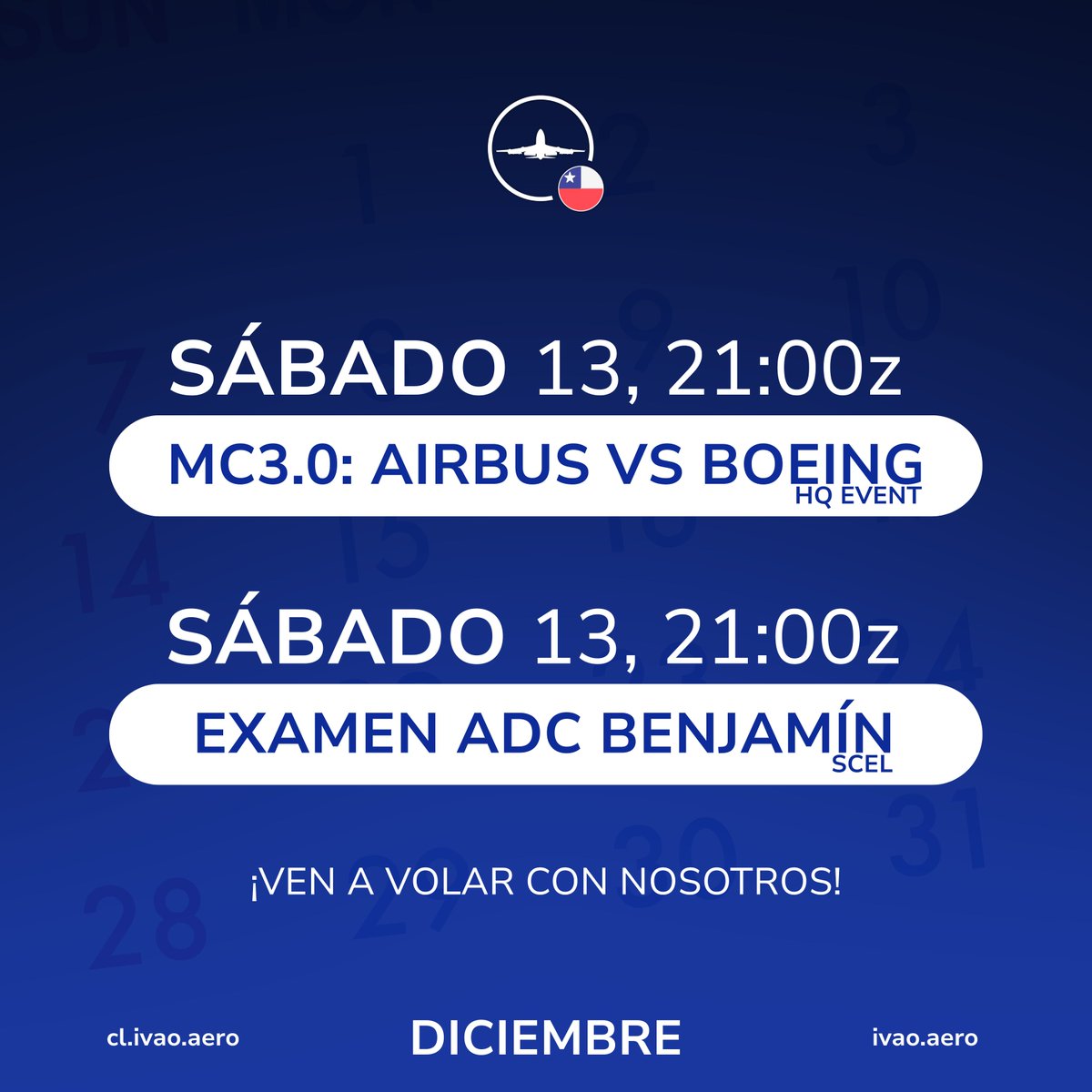 ¡Revisa tu agenda y acompáñanos en los eventos que tenemos programados para ti y tú tripulación!

🗓️13/12/2025 21z – 01z:
Manufacturers Competition 3.0: Airbus vs Boeing
🗓️13/12/2025 21z:
Examen ADC de Benjamín (737318) en SCEL_TWR.

-
-
-

#ivao #ivaocl #chile #sim