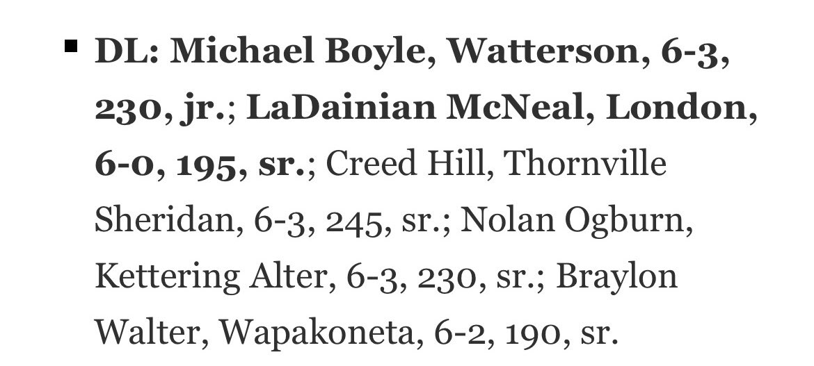 CreedHill77's tweet image. Thank you all that has supported me through my high school journey. #RMA

-1st team All Ohio DL

-SE District DPOY

-All MVL DLOY

-Gridiron Glory 1st team

-Prime Time Defensive Player 

@RMA_Strength 
@RMA_RedRageFB 
@no_paculver 
@NickBendle 
@JaredLuginbill 
@LanceDupler