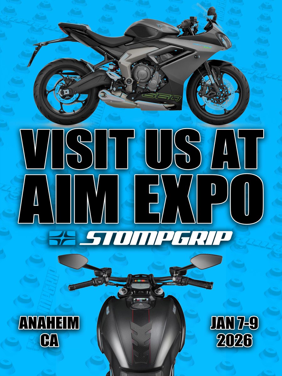 STOMPGRIP's tweet image. Stompgrip will be at @aimexpo in Anaheim from January 7 through January 9. Looking forward to connecting with the industry and showcasing our traction products at the start of the season.

#Stompgrip #AIMExpo #AIMExpo2026 #Powersports #Motorcycles