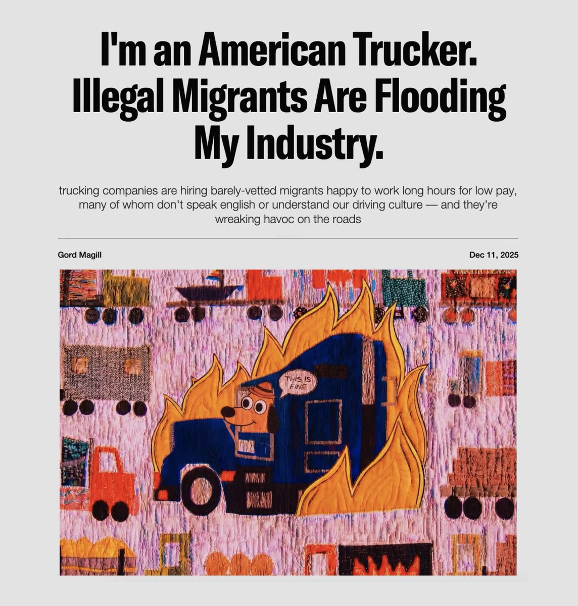 NEW IN PIRATE WIRES: Biden-era policies during the pandemic turned a core American job — trucking — into essentially a welfare program for undocumented migrants.

In 2023, the Center for Migration Studies counted over 200,000 undocumented workers in trucking and related fields.
