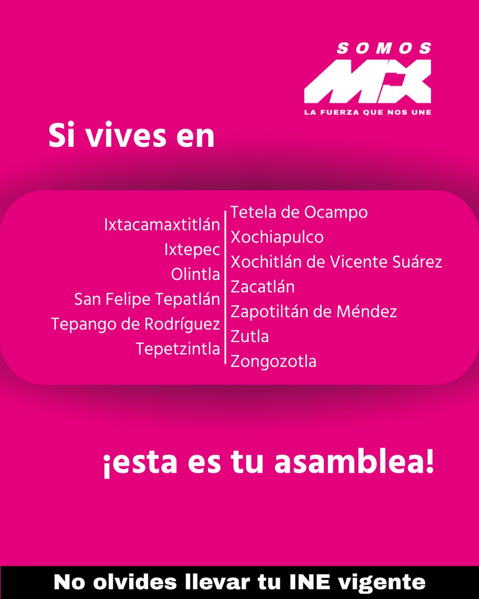📢 ¡Zacatlán también quiere un cambio!

🗓 Domingo 14 de diciembre 
🕘 11:00 a.m.
📍 Salón Picis, Calle 27 de septiembre No. 77, Col. Centro, Caxhuacan, Puebla

🪪 Recuerda llevar tu INE vigente.

#SomosMX #AsambleasSomosMX #LaFuerzaQueNosUne
