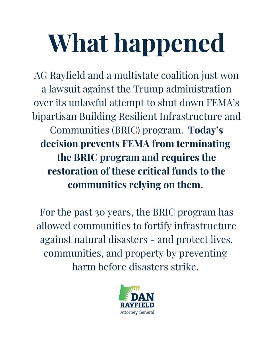 This is HUGE. You can’t wait for a disaster to happen to start preparing.
The BRIC program saves lives and protects our communities—and now the courts ruled that this critical funding must flow to Oregon and states across the country again.