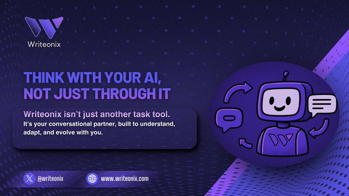 Writeonix's tweet photo. Most AI tools do things for you.
Writeonix? It thinks with you. 🧠💬
While others focus on tasks, Writeonix focuses on conversation—tracking your tone, goals, and context like a true collaborator.
No setup. No scripts. Just real, human-feeling AI.
#Writeonix #AItools #ConversationalAI