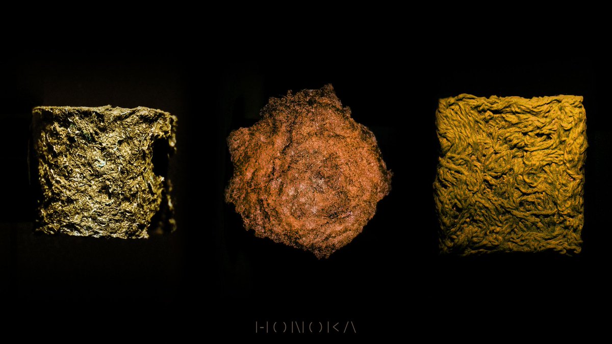 honoka_lab's tweet photo. DESIGNTIDE TOKYO 2025が始まりました。本日から3日間、繊維が持つ「線・面・塊」の表情を再構築したString_Surface_Solidを展示します。是非お越し下さい！

Solid 「塊」のご紹介です。
繊維の風合いを活かしながら、塊を形作る手法の研究。天然素材由来の媒材を使用し粉砕した繊維を固めています。 https://t.co/QbgBEZG6Ej