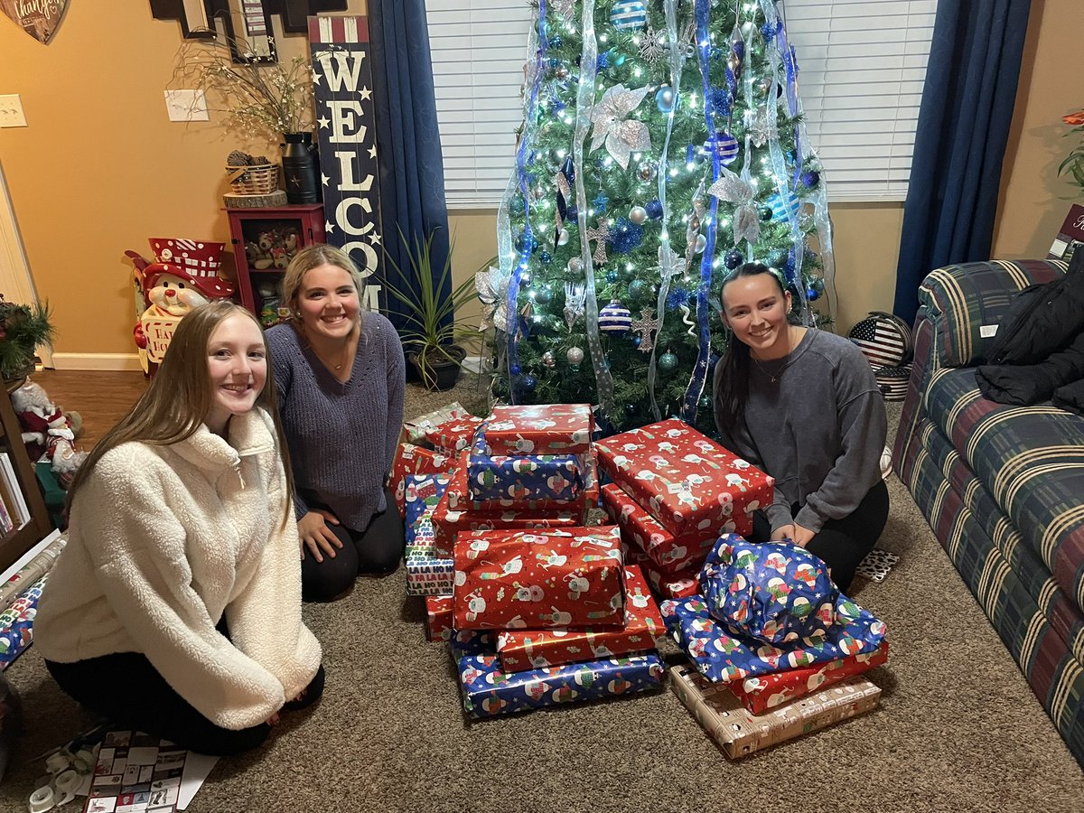 EHSCougarsCheer's tweet photo. So thankful the EHS cheer squads could bless a family in need for Christmas! We have so much fun shopping and wrapping each year! 💙🎄🤍 https://t.co/5iUzZ40dR3