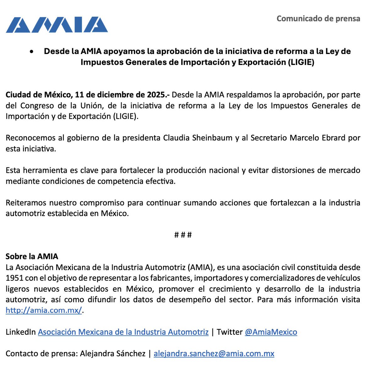 #Comunicado Desde la AMIA apoyamos la aprobación de la iniciativa de reforma a la Ley de Impuestos Generales de Importación y Exportación (LIGIE).