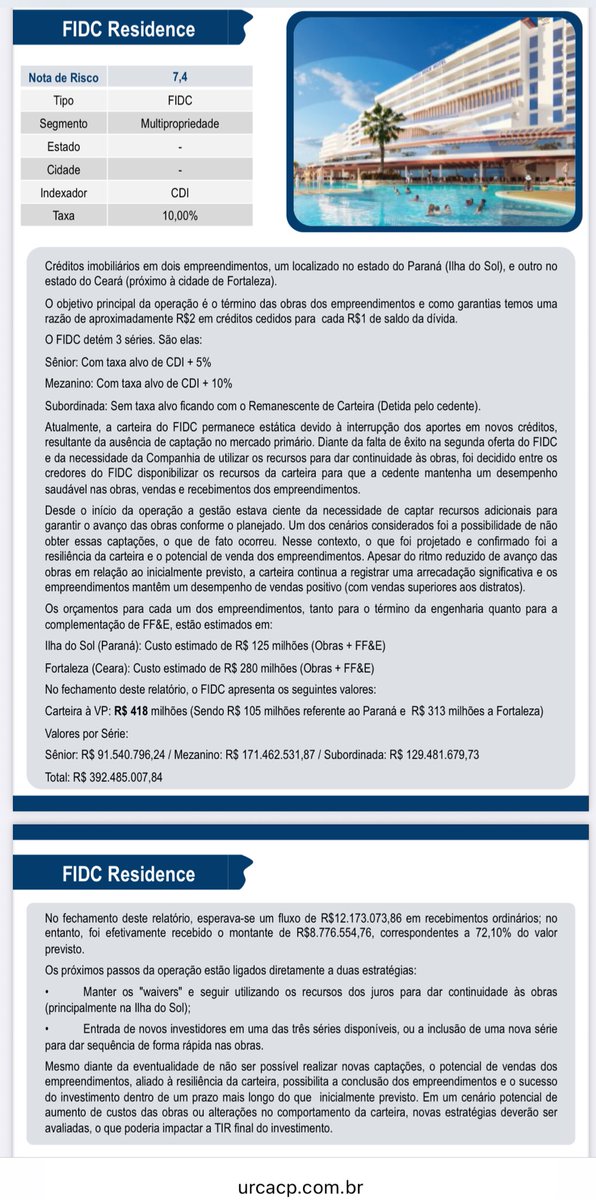 fiinewspaper's tweet photo. #editorial📰🗞️ #Fii 🛕🏛️
@fiinewspaper🤖
📰 Noticia sobre Fundos Imobiliários:
🎸 Hotel da Hard Rock no Brasil expõe onda de processos com imóveis sem entrega: “Fomos enganados”, diz cotista.
O #URPR11 (13,4% do PL) e #LIFE11 (9,9% do PL) possuem exposição relevante no FIDC Residence, que está envolvido com este projeto. Está tudo na internet, então pesquise e analise antes de investir, para conhecer os riscos. Você assume o risco quando decide comprar, vender, ou manter.
A notícia é de 25/11/2024, mas serve bem para ilustrar os riscos que podemos ter na carteira de alguns fundos, e que muitos investidores desconhecem ou desprezam ao realizar seus investimentos. Leia na íntegra:
https://t.co/RUXMu0vwy5
Até canal do YouTube tem vídeos de drone monitorando o não avanço da obra:
https://t.co/gff9ztXlAb
A VCI S/A foi a empresa que encabeçou a iniciativa em trazer a marca de hotéis para o Brasil, mas foi comprada pelo Residence Club no início de 2024 após uma reformulação dos projetos imobiliários, e informou ter um novo plano de execução para concluir as obras dos resorts. A marca Hard Rock Internacional, informou que não responde pela construção das unidades hoteleiras.
O investimento virou uma dor de cabeça para uma série de compradores que investiram na aquisição de cotas de multipropriedade. As obras não ficaram prontas no prazo, foram reprogramadas e não cumpriram novamente, continuam atrasadas e dependem de vultuosos aportes para que sejam concluídas, que caso não aconteçam, podem atrasar anda mais.
Alguns consumidores reclamaram e pediram distratos. Aqui que mora um grande risco, que pode afetar o projeto e a capacidade de pagar os fundos que financiaram as obras. A demora e a ausência de previsões sobre a conclusão das obras são casos enquadrados no artigo 43-A da lei de nº 13.786/2018, que estabelece a rescisão dos contratos sem a cobrança de multas para os casos de atrasos superiores a 180 dias corridos da data estipulada no acordo para a entrega do imóvel, se a construtora ou empresa responsável pelo empreendimento não fornecer uma justificativa para o atraso. Nestas situações, os valores pagos devem ser restituídos em até 60 dias. E a rescisão pode ocorrer sem multas, agravando a situação de caixa do projeto. Sem receber, o fundo pode executar a garantia e assumir o equity dos projetos. E o problema de caixa para aportar, pode passar a ser dos cotistas:
Veja exemplo do #URPR11:
📚📕Relatórios Gerenciais
Outubro de 2025
https://t.co/jSO2h8n24Z
Consta no RG de Out25 que o FIDC Residence representava 13,4% do PL do #URPR11, com R$ 157mm de exposição. Os indicadores de LTV, Razão PMT, Inadimplência, %Obras e %Vendas não são formalmente informados pela gestora, apesar de informarem das outras operações da carteira. Sendo a maior exposição da carteira, já seria um sinal de alerta 🚨 aos investidores.
A taxa é de CDI+10%a.a. O efeito de juros sendo acruado aumenta o valor do saldo devedor e seu valor aumenta em relação ao PL do fundo. Considerando a Selic a 15% a.a, a operação se não paga tem potencial de dobrar de valor em até 4 anos.
Como exemplo, em Out22, ela representava 9,3% do PL de #URPR11, num valor de R$ 110mm naquela data. Pode ser verificado no RG abaixo:
https://t.co/TivYQbTOsq
📚📕Relatórios de Risco
Mai-2024
https://t.co/nsmG7ro6hK
Em 2024, a gestão indicava em seu relatório de risco, que apesar do ritmo e atraso das obras, a carteira ainda mantinha vendas acima de distratos. Mas também registrava serem necessários, naquela data, o aporte de R$ 125mm para término da Ilha do Sol, e de mais R$ 280mm para as obras de Lagoinha no Ceará. Total de R$ 405mm para concluir os projetos. E o valor da carteira a VP, na mesma data, somava R$ 418mm. Destacava ainda que sem novas captações levaria o projeto a ser implantado num prazo mais longo ainda, que traria risco de aumento de custo de obra e poderia gerar alteração no comportamento da carteira de recebíveis, que poderia afetar a TIR do empreendimento.