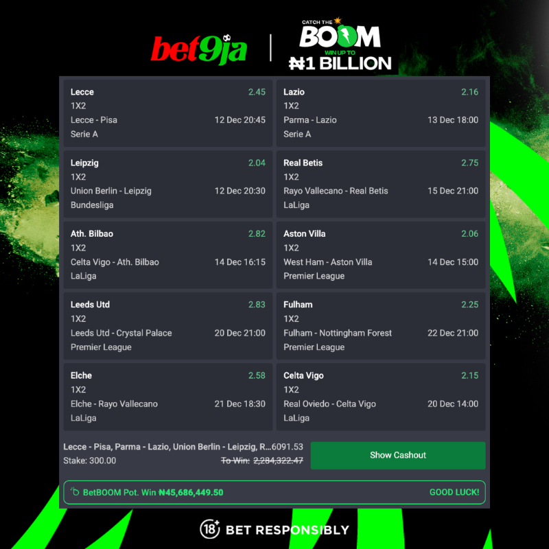 Bet9jaOfficial's tweet photo. We ππ’π’π π²π± this bet & could be about to make another millionaire! ππ°
β Original win: β¦2,284,322
π₯ π―π²πππ’π’π win: β¦45,686,449
B9V4974461461N3-3319066
Will you be next? π£
#CatchTheBOOM