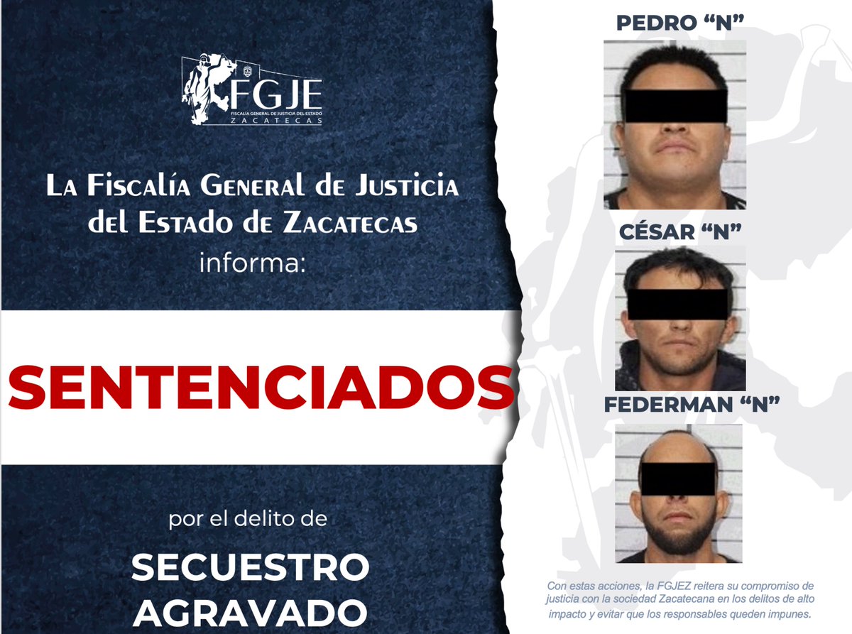 🚨 Ocho personas fueron sentenciadas a 50 años de prisión por secuestro agravado en Guadalupe.
La víctima fue liberada por una operación policial y el caso llegó hoy a sentencia definitiva.
Justicia que tarda, pero llega.
#EcoDiario #Zacatecas #Seguridad #Justicia #Guadalupe