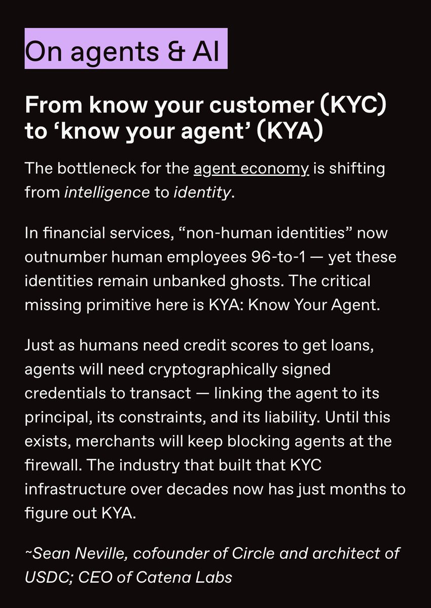 Altcoinist's tweet image. co-founder of @circle on KYA...

"The bottleneck for the agent economy is shifting from intelligence to identity"

"The industry that built that KYC infrastructure over decades now has just months to figure out KYA."

well, who's been telling you 24/7 "KYA (Know-Your-Agent) is…