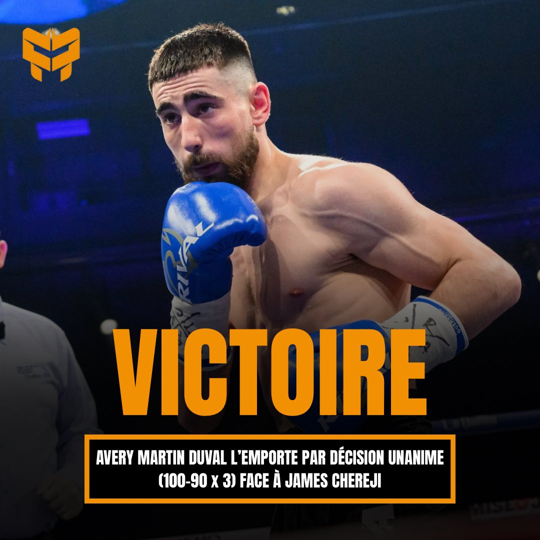 VICTOIRE DOMINANTE POUR DUVAL🚨

Dans son premier duel de 10 rounds, Avery Martin Duval a servi une clinique de boxe à son adversaire et l’a emporté par décision unanime des juges (100-90 X 3). 

#GaumontHiseni | #CanadaFighting
