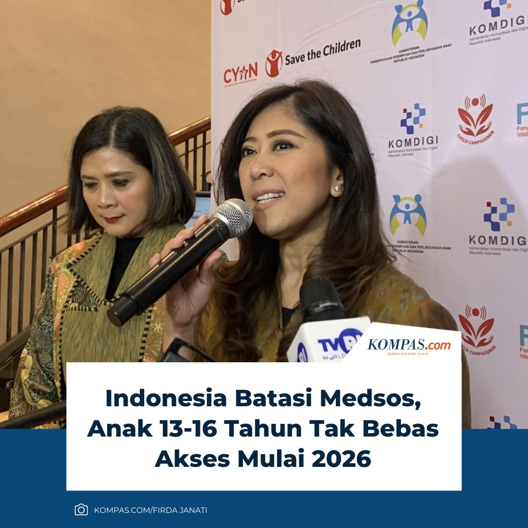 kompascom's tweet image. Pemerintah berencana membatasi penggunaan media sosial (Medsos) untuk anak usia 13 hingga 16 tahun tergantung dari risiko masing-masing platform. 

Menteri Komunikasi dan Digital (Menkomdigi) Meutya Hafid mengatakan penerapan pembatasan itu ditargetkan terlaksana mulai Maret…