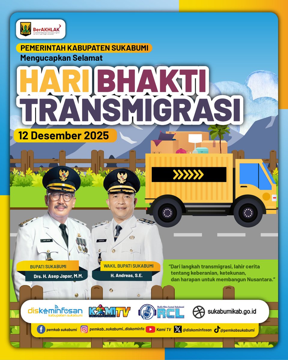 Selamat Hari Bhakti Transmigrasi 2025

Dari langkah transmigrasi, kita belajar tentang keberanian untuk memulai hidup baru, ketekunan dalam membangun daerah, serta harapan untuk mewujudkan pemerataan pembangunan di seluruh Nusantara.

Pemerintah Kabupaten Sukabumi mengapresiasi