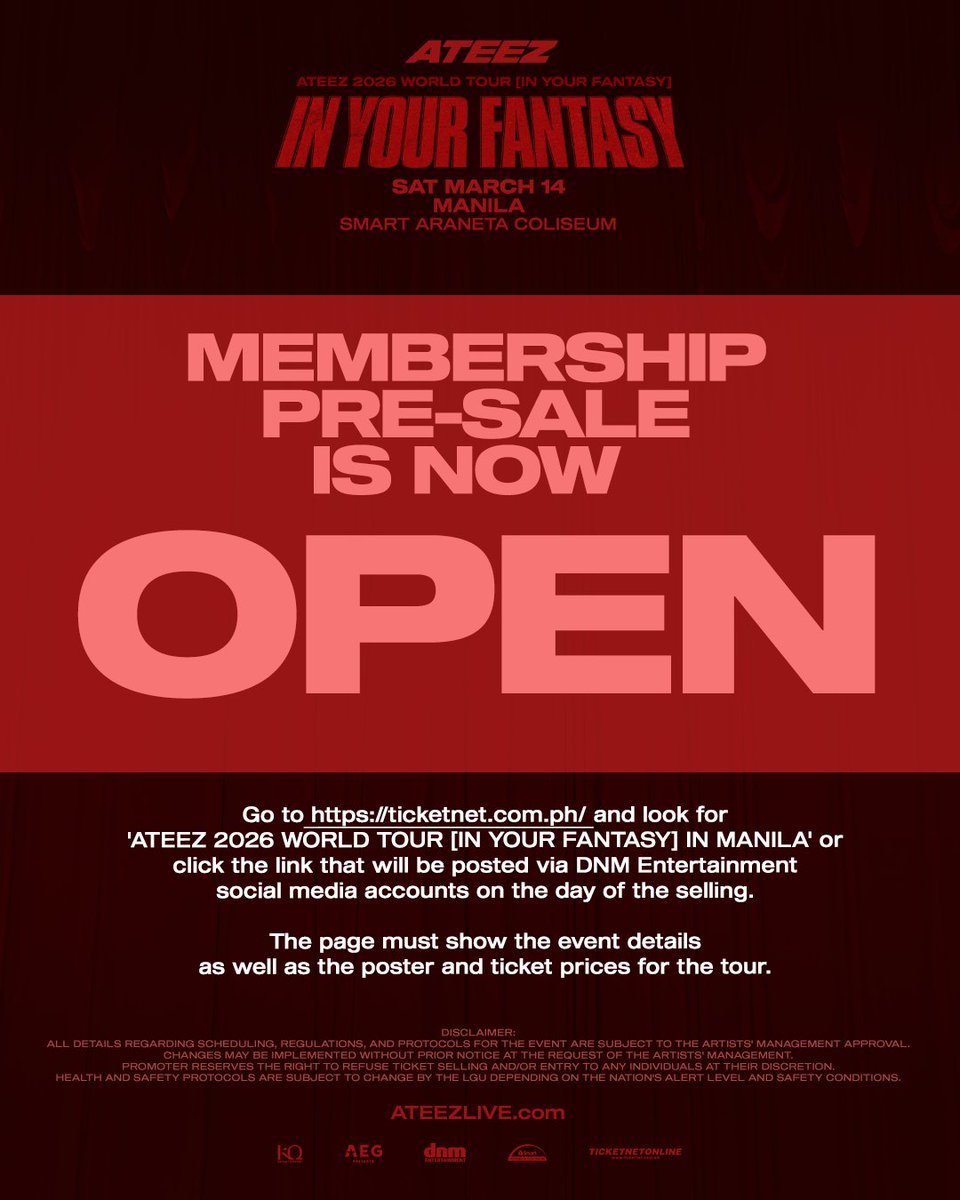 No time to waste, FILO ATINY! ❤️‍🔥 This is it — the MEMBERSHIP PRE-SALE is now open. Ready your hearts and your screens for the ‘ATEEZ 2026 WORLD TOUR [IN YOUR FANTASY] IN MANILA’.

MEMBERSHIP PRE-SALE
⏰ 12.12.2025 - 12:00 PM | 12.13.2025 - 11:59 AM

GENERAL TICKET SELLING
⏰