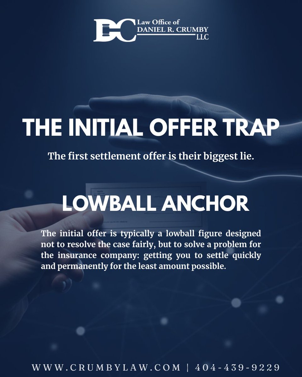 crumbylaw's tweet image. 💰 That first settlement offer is a TRAP designed to buy your claim for PENNIES. They do this BEFORE you finish diagnosis. DO NOT CASH THAT CHECK. Your case is permanently over if you do. 🛑

Call us at 404-439-9229.

#CrumbyLaw #InitialOfferTrap #InsuranceFraud #MaxCompensation