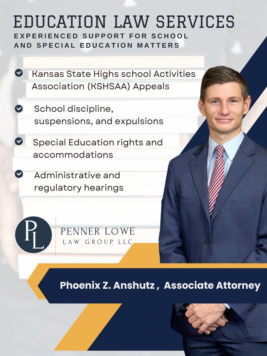 PennerLoweLaw's tweet photo. Facing a school or special education issue? Penner Lowe Law Group is here to help.
Attorney Phoenix Z. Anshutz handles KSHSAA appeals, discipline matters, special education rights, and more.
You don’t have to navigate it alone—reach out today.

#EducationLaw #WichitaKS https://t.co/rMKxEB6uYC