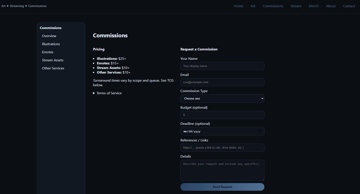 Aren't you all so patient, here's a part i am quite proud of, Commissions! 

In addition to a form that allows to me know exactly what clients want before filling out a VGen request

I can say I am in the final Alpha stages of development on my site

Stay tuned for more teasers👀