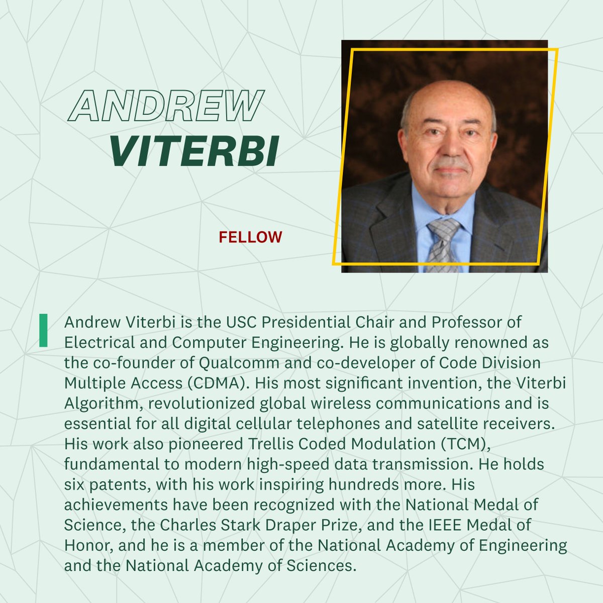USCStevens's tweet image. We're proud to work with #USCinventors and be a #NAI2026 host!

Andrew Viterbi is the co-founder of Qualcomm, co-developer of CDMA, and the #inventor of the Viterbi algorithm. His generous @USCViterbi gift has inspired future #engineers.

You can’t spell #reSearCh without SC! ✌️