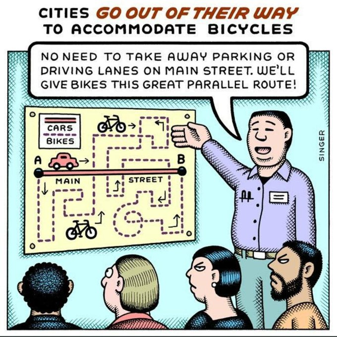 "...we'll give bikes this great parallel route!"

Many such cases. 😣