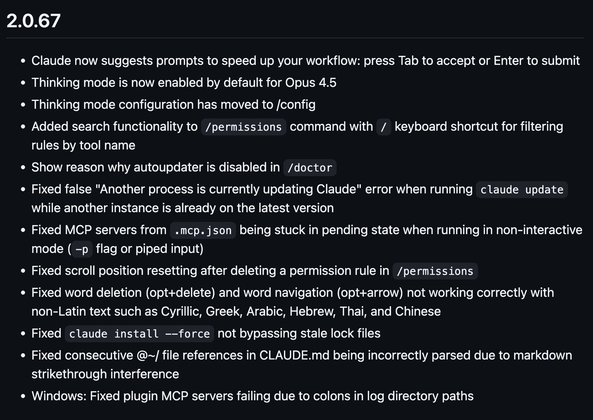 oikon48's tweet image. Claude Code 2.0.67(抜粋)

【機能】
・プロンプトサジェスト機能追加を追加
・Opus 4.5 時のThinking modeがデフォルトに
・Thinkingモード切り替えが /config に移動 (従来はTab)
・/permissions の検索機能強化 (`/`キー)
・/doctor で自動アップデートが無効の理由を表示

【修正】
・claude…
