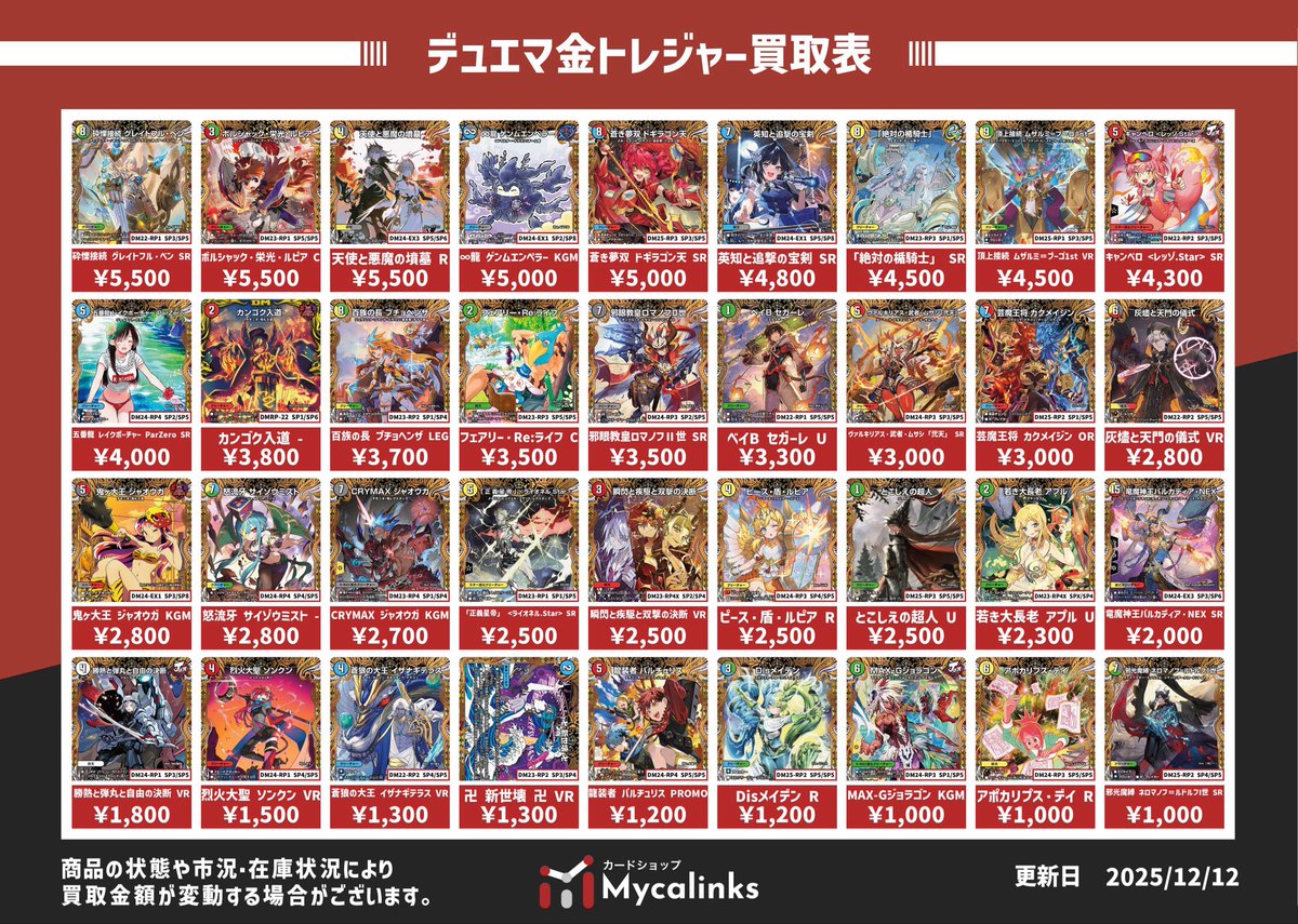 デュエルマスターズ 🔥金トレジャー・神アート買取表🔥 最新買取表です