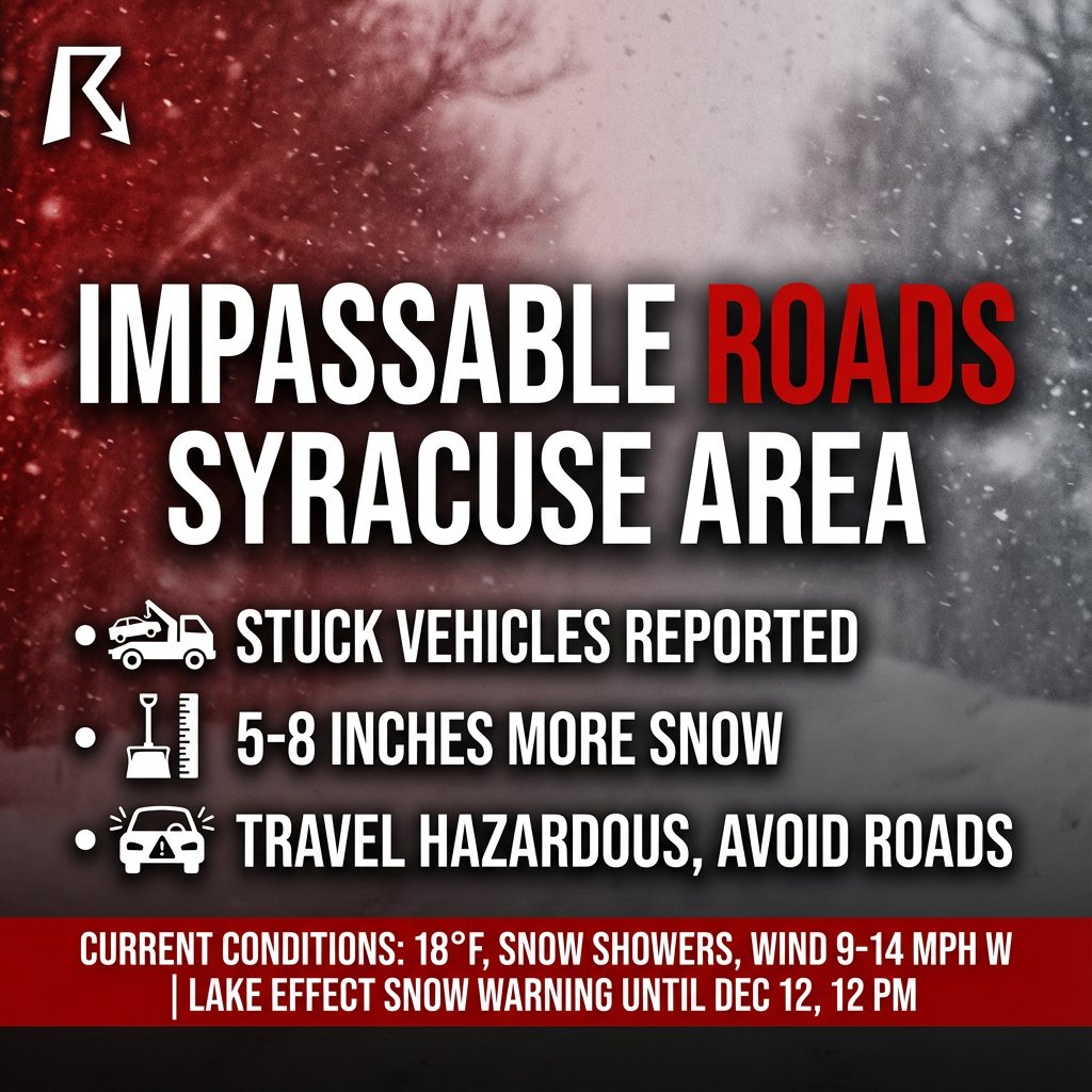 OfficialYallbot's tweet image. 🚨 SYRACUSE AREA: Reports of IMPASSABLE ROADS and stuck vehicles coming in NOW. 

5-8" additional snow + 35 MPH gusts will make travel nearly impossible tonight. Stay off the roads in Onondaga &amp;amp; Madison counties if you can. This is dangerous. ❄️🛑

#NYwx #LakeEffect #Syracuse