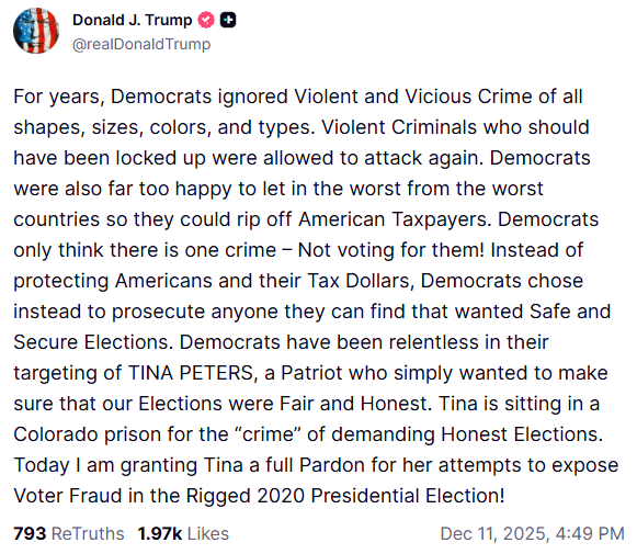 Tina Peters is going nowhere. 

She's a convicted criminal found guilty by a jury of her peers of state crimes.
 
Trump has as much power to pardon her as he does to confer knighthoods, which is to say, none at all.

For all y'all pocket-Constitution bros, this one should be easy