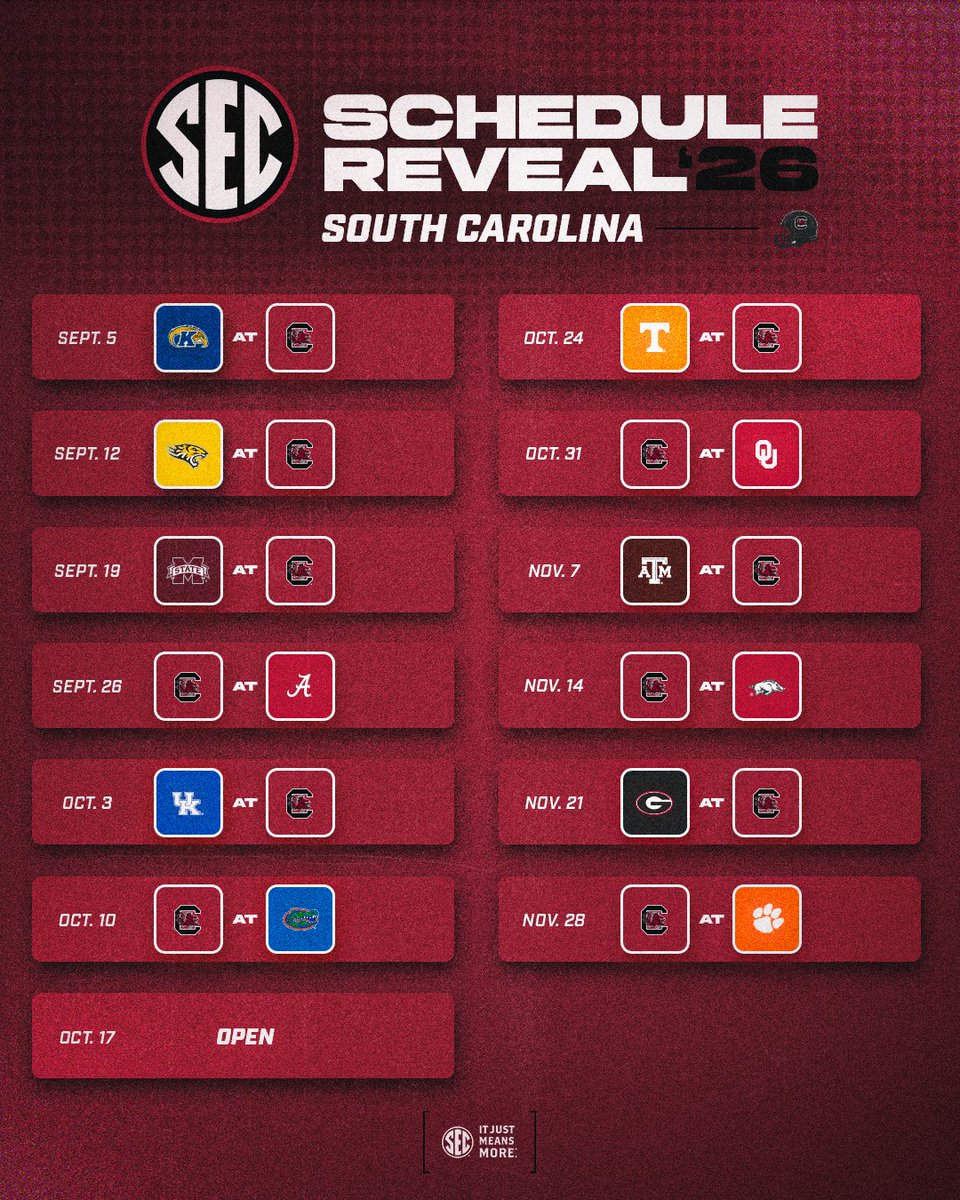 SEC's tweet image. 🏈 #SECFB Schedule Reveal '26

🐓 @GamecockFB 

🗓️secsports.com/fbsched26