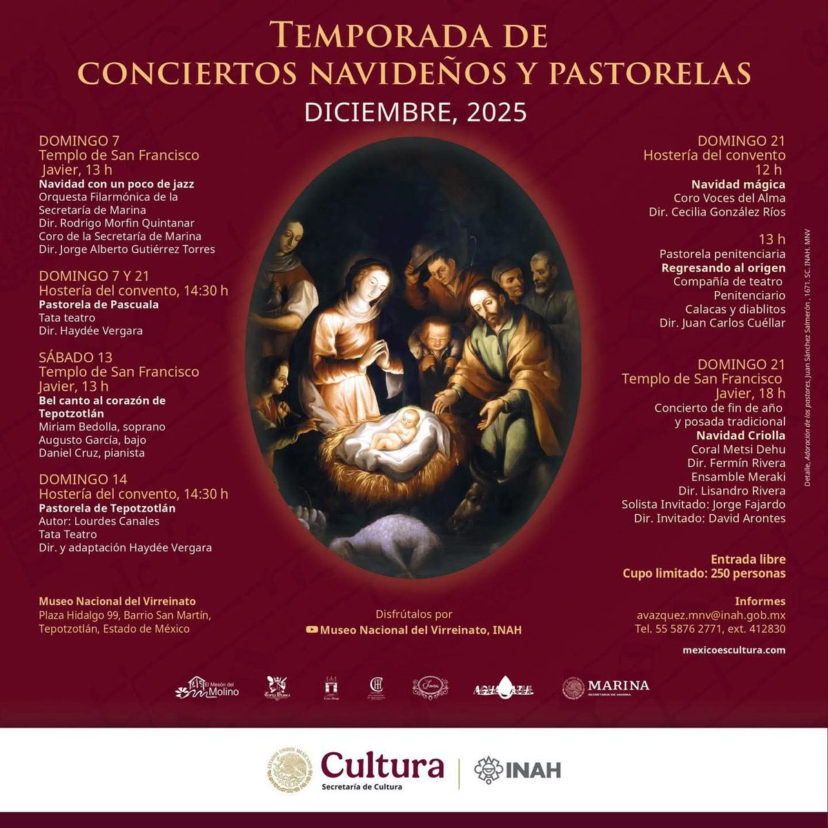 ✨ ¡Diciembre llega con música, tradición y espíritu navideño a Tepotzotlán! ✨

Disfruta de la Temporada de Conciertos Navideños y Pastorelas del Museo Nacional del <a href="/Virreinato/">Virreinato INAH</a>, una selección de eventos para toda la familia. 🎵🎶

#EntradaLibre
#CupoLimitado