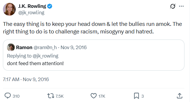 Hi <a href="/jk_rowling/">J.K. Rowling</a>,

In 2016 you thought that "the right thing to do is to challenge racism..." but I see you offering Sandie Peggie support without caveat, saying absolutely nothing about her documented racism. So, do you no longer believe this? Or is too hard to say something? 1/