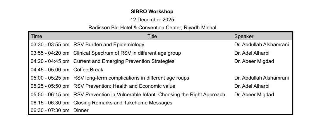 You are cordially invited to attend the SIBRO Workshop taking place today, 12 December 2025, at Radisson Blu Hotel , Riyadh Minhal.
Attendance is free, and the workshop is specifically designed for healthcare professionals who are directly engaged in RSV prevention and related