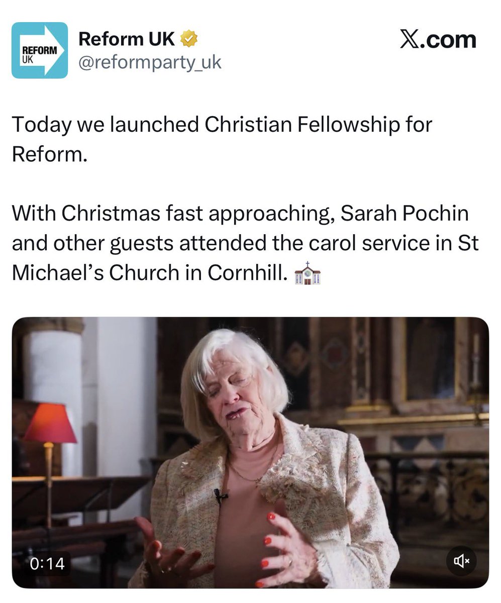 Hi <a href="/_stmichaels_/">St Michael Cornhill</a>, how does it feel being used by Reform UK for their promo video?

Revd Henry Eatock-Taylor, the video implies that your congregation are Reform UK - think you need to tell us if that’s true.

If anyone would like to also ask them, contact here: