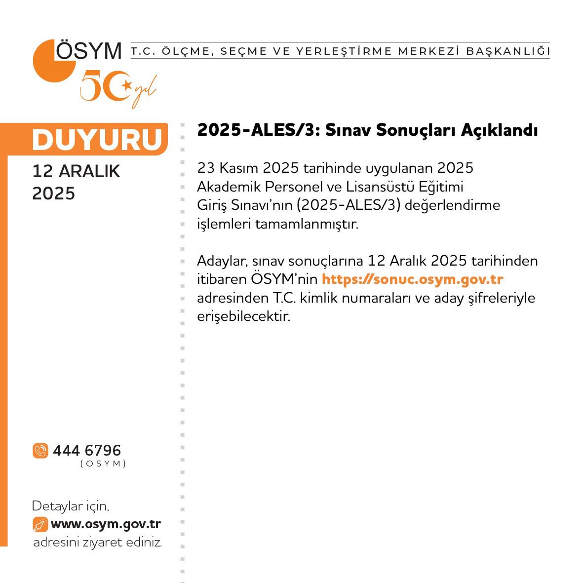 OSYMbaskanligi's tweet photo. 2025-ALES/3: Sınav Sonuçları Açıklandı

https://t.co/pPkkyQRd5O https://t.co/3vfXmWShmn