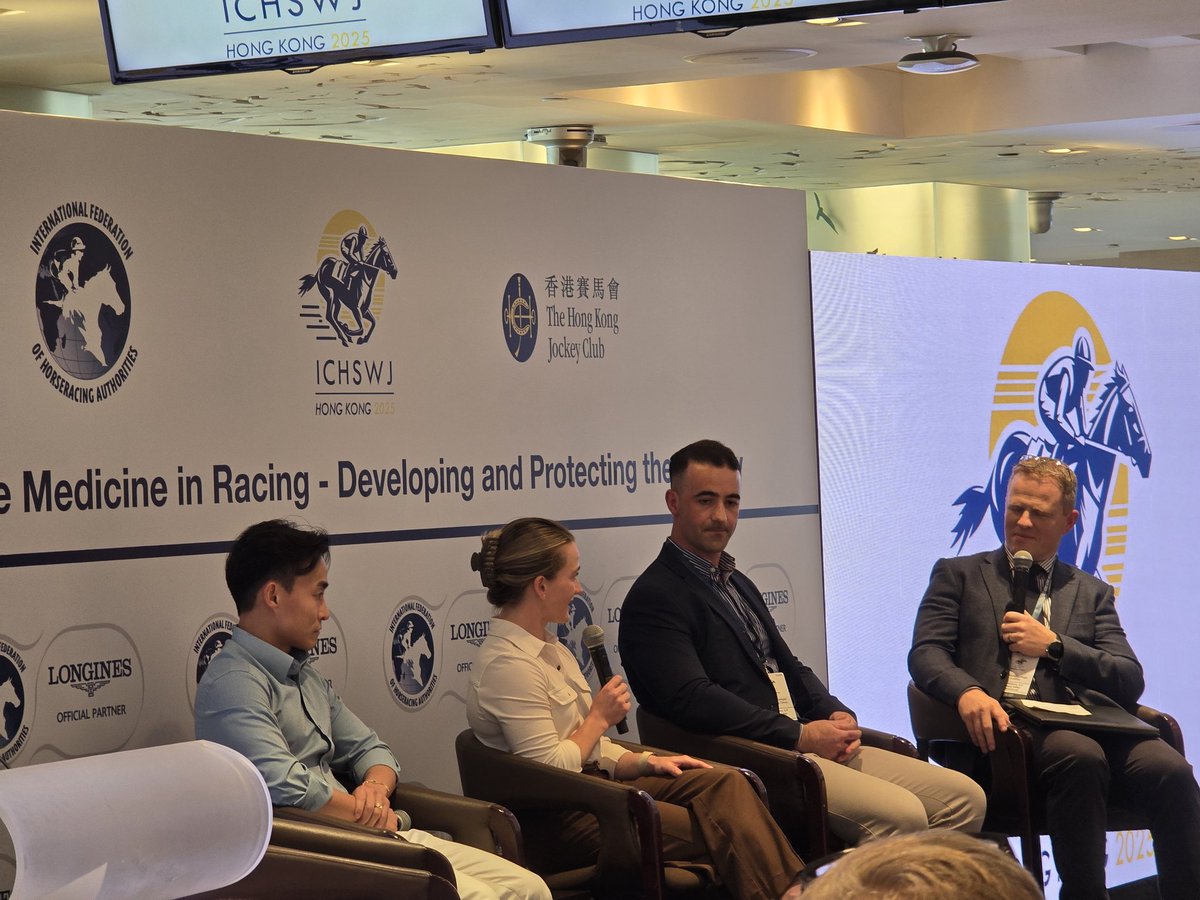 Darragh_OL's tweet photo. Delighted to be joined by @HollieDoyle1 and Keith Yeung at @theIFHA #ICHSWJ talking about the importance of physical and mental health, fitness and recovery for them as jockeys https://t.co/5N34xQRHlV