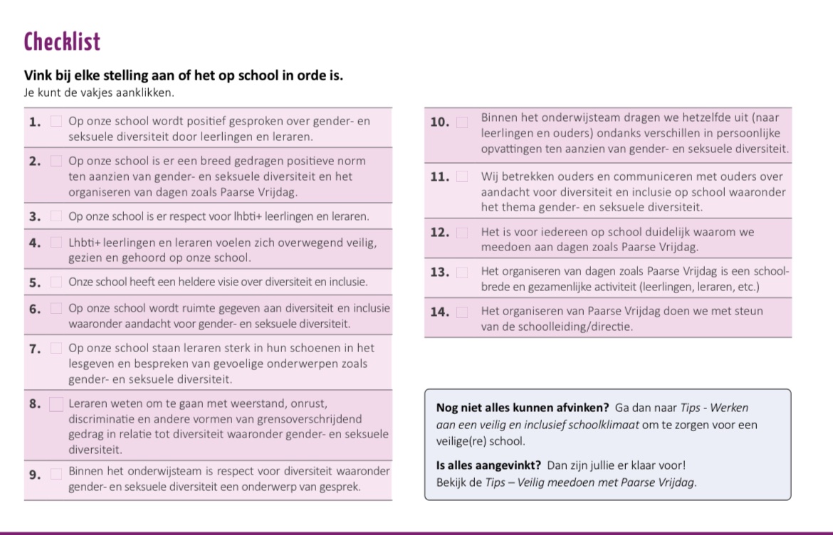 Handig, zo’n checklist voor #PaarseVrijdag. Ik snap dat wel. In een tijd waarin 30% van de 15-jarigen functioneel analfabeet is, heb je zulke initiatieven hard nodig.