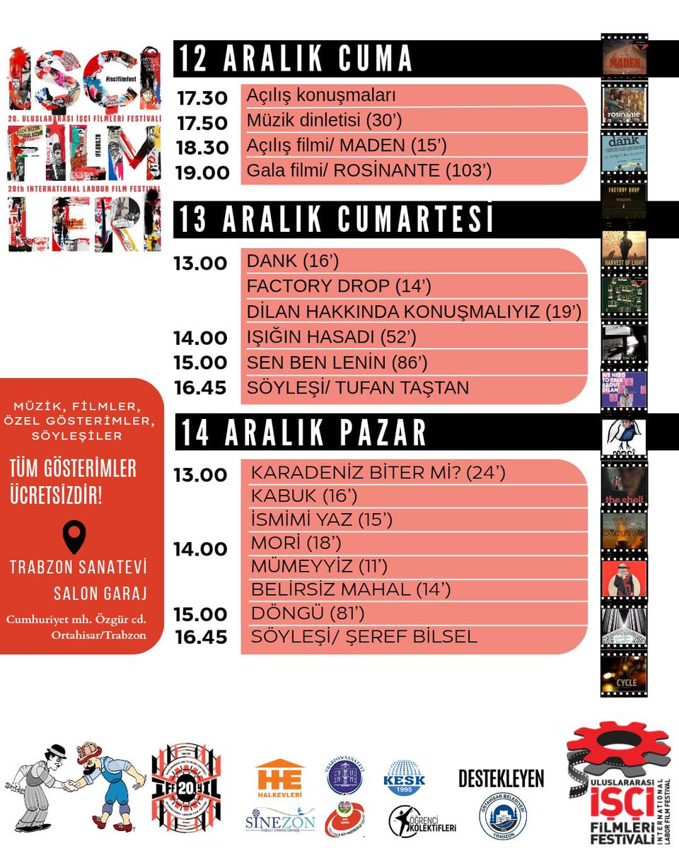 serkanturk61's tweet photo. Trabzon’da İŞÇİ FİLMLERİ FESTİVALİ
BUGÜN BAŞLIYOR...
Film gösterimleri halka açık ve ücretsizdir... https://t.co/cIJ5Gs0vfW