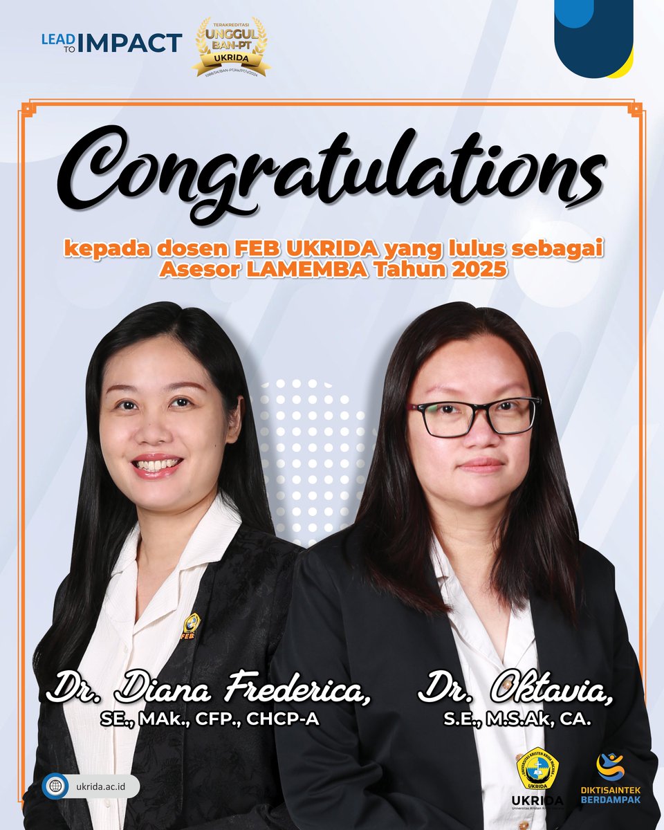 Selamat kepada dosen FEB UKRIDA yang telah berhasil lulus sebagai Asesor LAMEMBA Tahun 2025! 🥳

Prestasi ini menjadi bukti dedikasi, kompetensi, dan komitmen dalam menjaga kualitas pendidikan tinggi, khususnya di bidang manajemen dan bisnis.