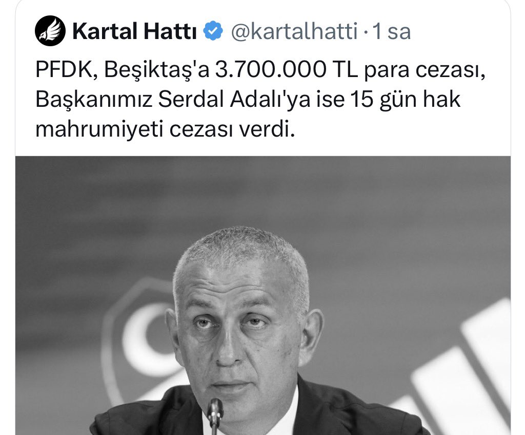 Kendisi canlı yayında “köpeksiz köy bulmuşlar çomaksız geziyorlar, dönünce hepsiyle hesaplaşacağız” diye tehdit ediyor ama Serdal Adalı konuşunca marka değeri ayağına tarihi ceza.

Bakın yine diyorum BJK’ın Başkanı, futbolcusu sahipsiz; camia güç çarpanımız yerde o yüzden bunlar.