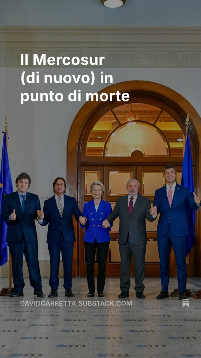 Il Mattinale Europeo è online 

L’analisi del giorno: “Il Mercosur è (di nuovo) quasi in punto di morte”

Nelle brevi: asset russi immobilizzati a maggioranza; la Grecia prende l’Eurogruppo. Con <a href="/CSpillmann/">Christian Spillmann</a> 👇

davidcarretta.substack.com/p/il-mercosur-…