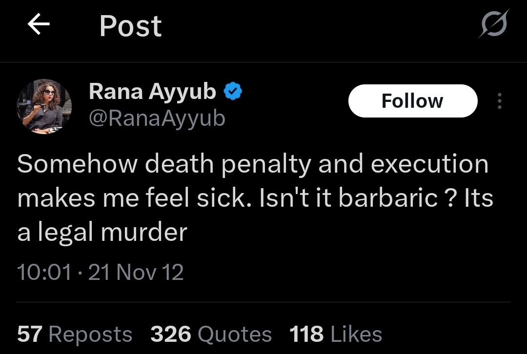 Rana Ayyub wanted Ajmal Kasab to live or even extradited to Pakistan.

This is not liberalism this is Terrorism.