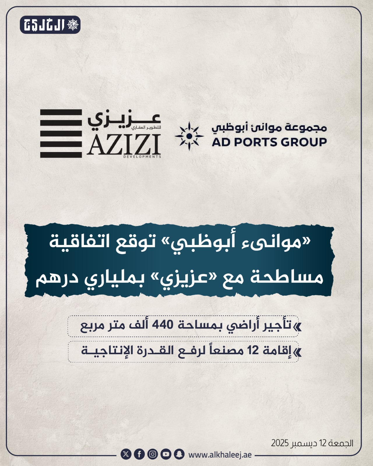 «موانئ أبوظبي» توقع اتفاقية مساطحة مع «عزيزي» بملياري درهم #صحيفة_الخليج 