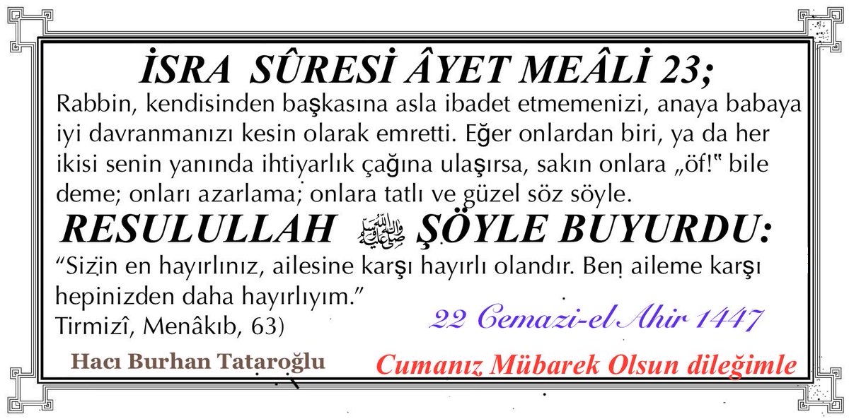 Resûlullah Efendimiz sav buyurdular: “Her kul, (iman ve küfür; hayır ve şer hangi hâl üzere ölürse) öldüğü hâl üzere diriltilecektir.” (Müslim)

Gününüz bereketli Cumanız Mübarek olsun.

#HayırlıCumalar
#CumanızMünarekOlsun
#FreePalaestine
#FreeSudan
#BoykotaDevamTürkiyem