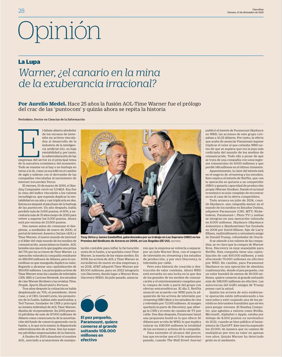 Warner, ¿el canario en la mina de la exuberancia irracional?
Hace 25 años la fusión AOL-Time Warner fue el prólogo del crac de las puntocom. Quizás ahora se repita la historia.

cincodias.elpais.com/opinion/2025-1….