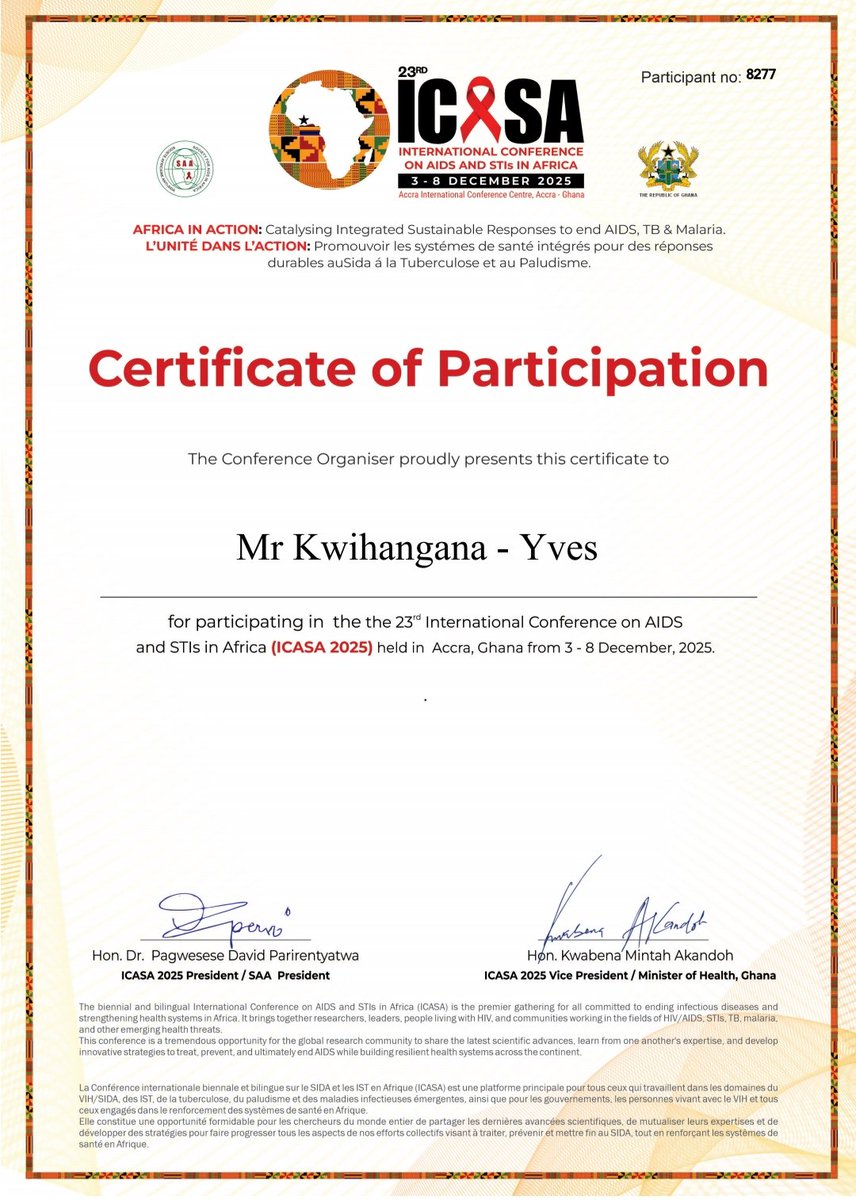 Thrilled to participate in <a href="/icasa2025/">ICASA 2025</a> international conference in Accra Ghana. It highlighted lenacapavir as vital medication in #EradicationOfHIV in  Africa which represents two thirds of HIV cases globally. Thank you <a href="/GhanaUNAIDS/">UNAIDS GHANA</a> <a href="/UNAIDS/">UNAIDS Global</a> <a href="/WHO/">World Health Organization (WHO)</a> <a href="/WHOAFRO/">WHO African Region</a> <a href="/AsarRwanda/">ANESTHESIA STUDENTS' ASSOCIATION OF RWANDA(ASAR)</a>