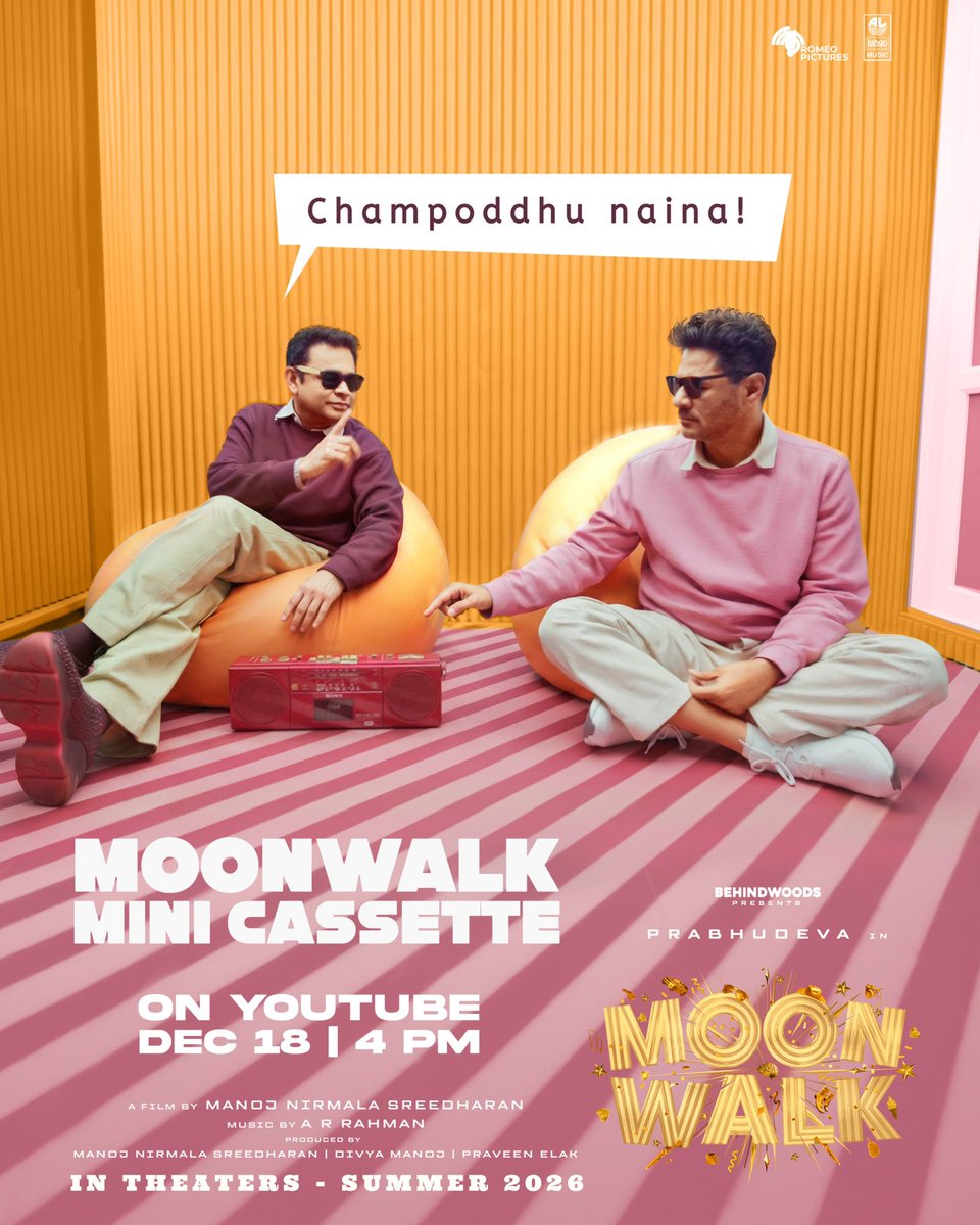 Rahman sir, what is Champoddhu naina?

Moonwalk Mini-Cassette releasing on YouTube on Dec 18th, Thu, 4pm.

Moonwalk a feature film,
Starring  <a href="/PDdancing/">Prabhudheva</a>
Directed by #ManojNirmalaSreedharan
Music <a href="/arrahman/">A.R.Rahman</a>
Produced by #ManojNirmalaSreedharan #DivyaManoj and @praveenelak