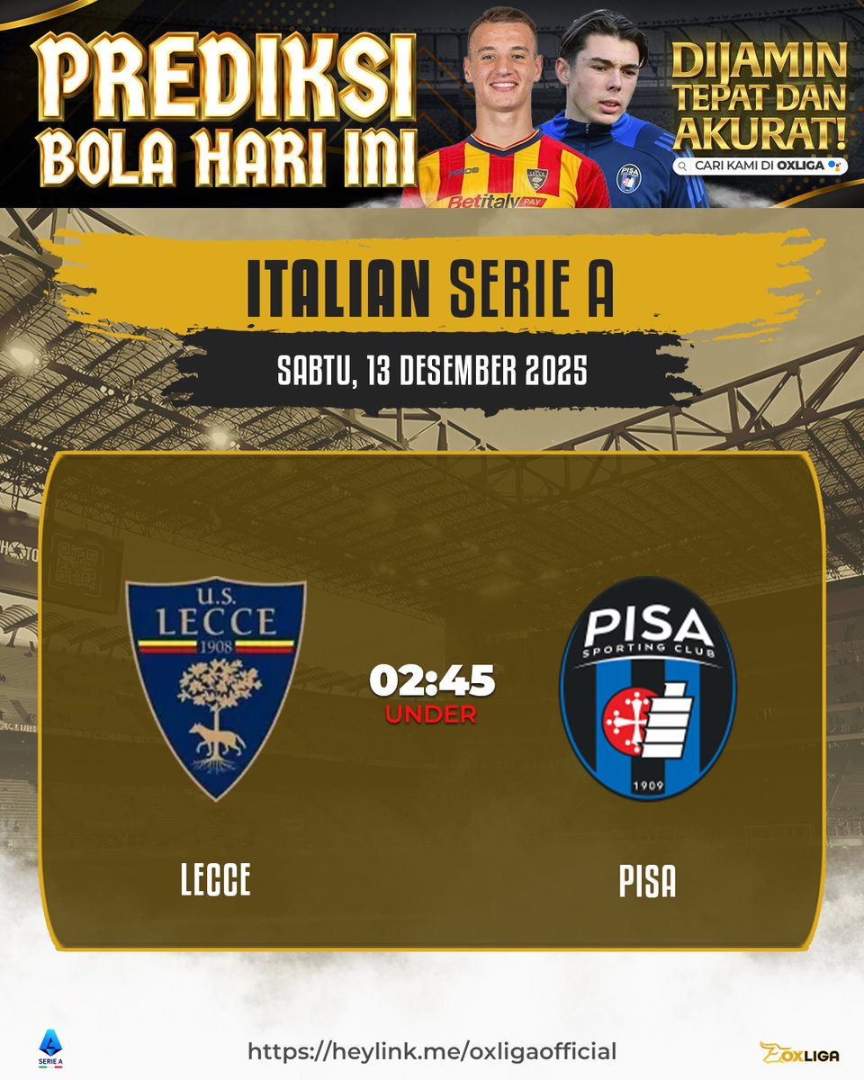 OxLiga's tweet photo. LECCE vs PISA
🔍 Serie A ketat dari awal
Minim ruang, minim risiko
UNDER punya dasar kuat
Main sabar, hasil bisa aman https://t.co/VbKXgpee3e
