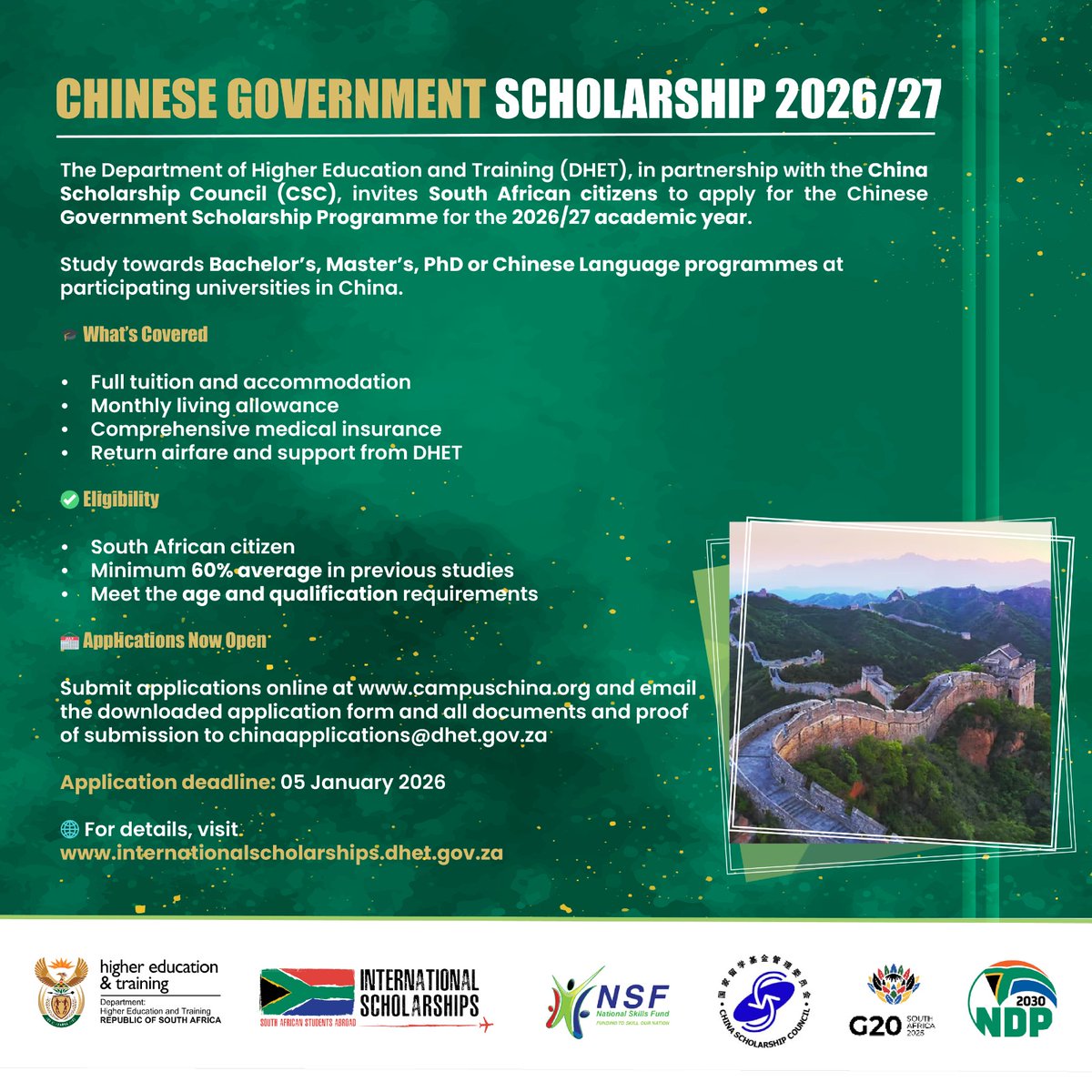 NRF_News's tweet image. The Department of Higher Education and Training (DHET), in partnership with the China Scholarship Council (CSC), invites South African citizens to apply for the Chinese Government Scholarship. 

💡Undergrad and Master's/PhD.

Details: internationalscholarships.dhet.gov.za/index.php/scho…