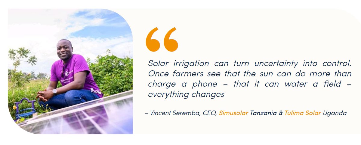 “Solar irrigation can turn uncertainty into control. Once farmers see that the sun can do more than charge a phone – that it can water a field – everything changes.” - Vincent Ssebbaale Sseremba, MSE-MBA , CEO &amp;Co-Founder at Simusolar Tanzania &amp; Tulima Solar

Across East Africa,