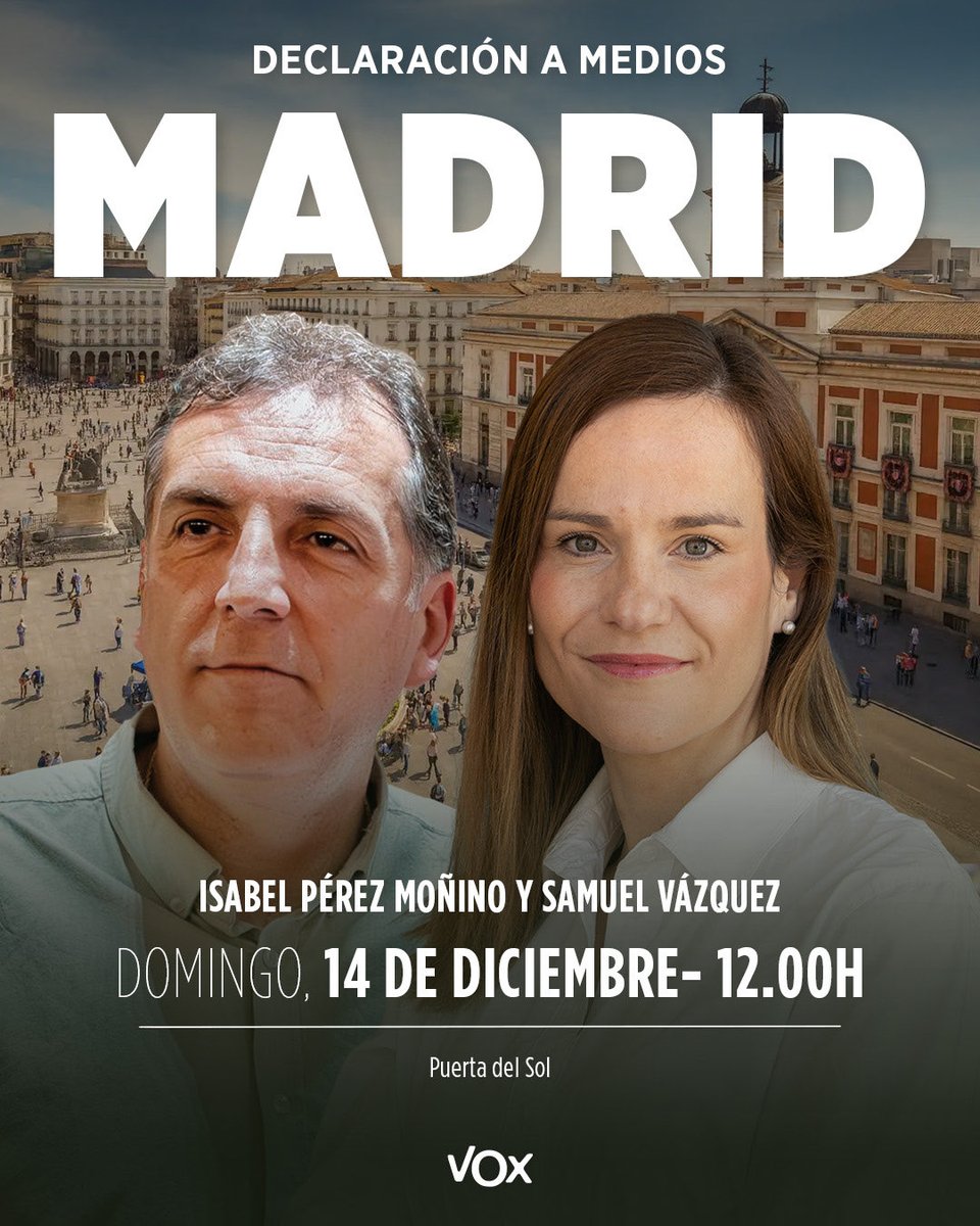 madrid_vox's tweet photo. ‼️TODOS LOS DÍAS marcados por la criminalidad en Madrid gracias a las políticas de puertas abiertas del bipartidismo.

🎤Acompaña a @Isabelperezmoi1 y @guidoprincesa en la declaración a medios de este domingo.

🗓️ Domingo 14 de diciembre 
⏰ 12:00h.
📍Puerta del Sol https://t.co/kHXHW4qO1V